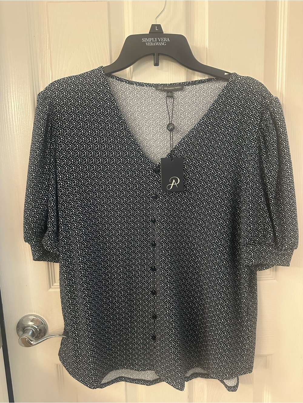 Adrianna Papell Navy/ White  V-Neck Button Front Dot Blouse